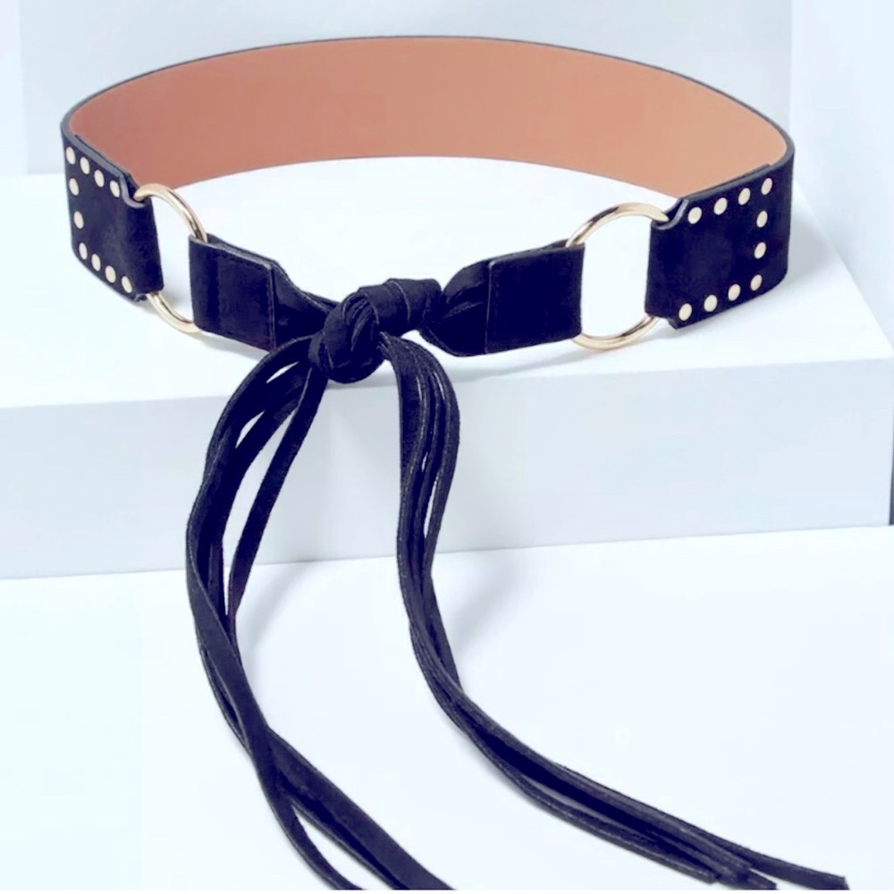 NWT BCBGMAXZRIA FAUX SUEDE BLACK FRINGE BELT SIZE ML